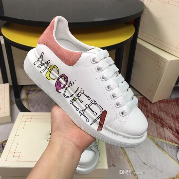 

alexandemcque oversized sneakers white smooth calf leather lace-up print letters with pink suede heel trainers shoes with original box, Blue;gray