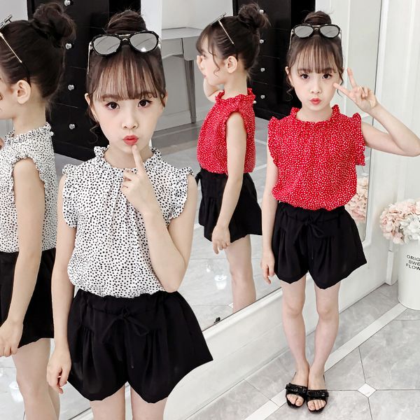 

2020 summer children baby girls clothes sleeveless casual dot pattern vest +shorts outfits set, White