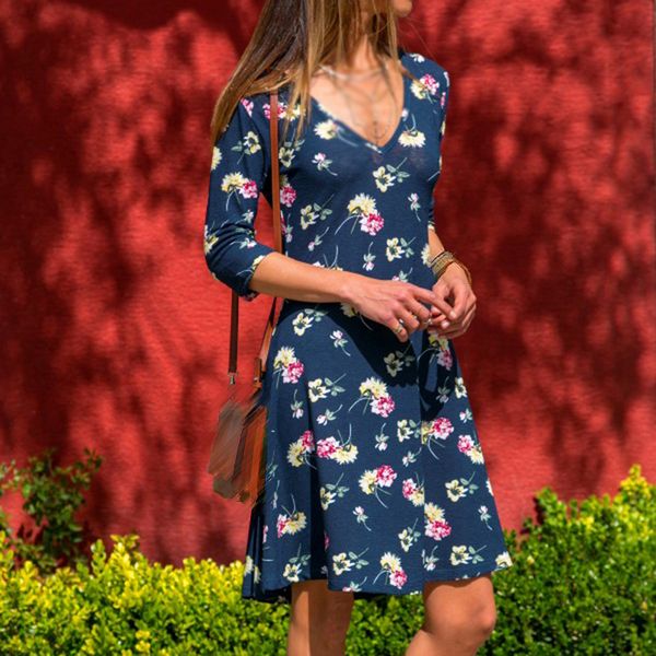 

women's dress ladies party casual fashion 3/4 sleeve sundress pullover mini short floral dresses, Black;gray