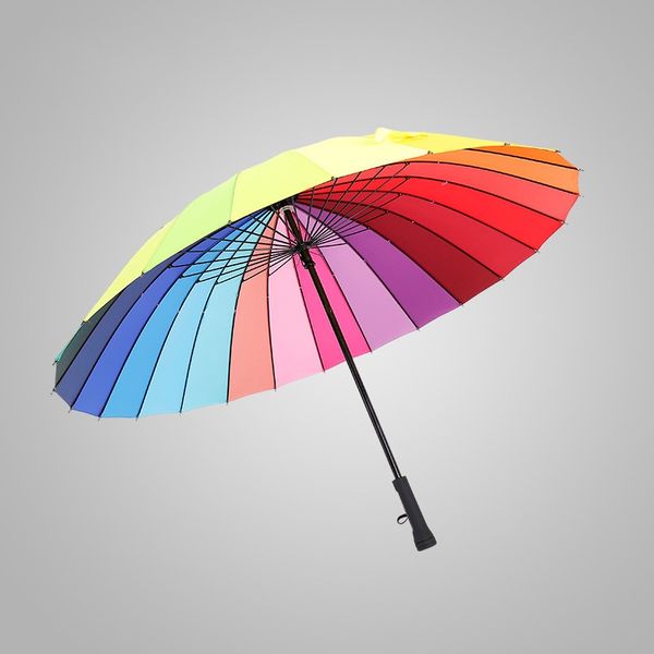 

rainbow umbrella long handle 24k straight windproof colorful pongee umbrella women men sunny rainy umbrella parasol an1984