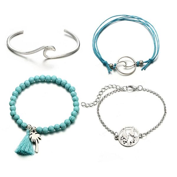 

4pcs wave stone pendant multi-layer beaded tassel bracelets, Black