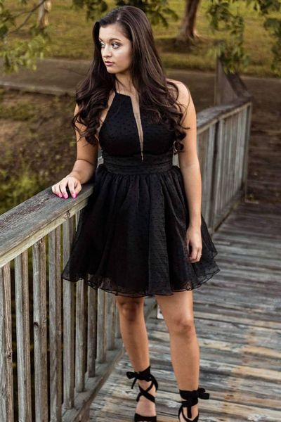 

dot lace short cocktail party gown unique halter neck a-line mini homecoming dresses vestidos de coctail, Black
