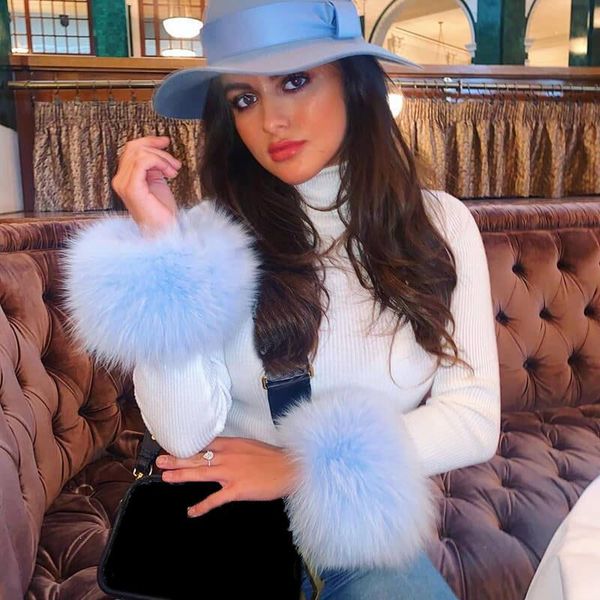

women high collar bottoming shirt feathers female europe stitching fur sleeve sweater, White