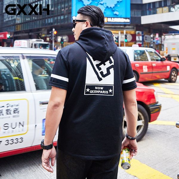 

gxxh oversized brand large size men's casual summer fat guy short sleeve t-shirt with hooded printed high street tees streetwear, White;black