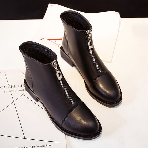 

women's ankle boots autumn and winter zipper solid ladies boots pointed toe female flat women, Black