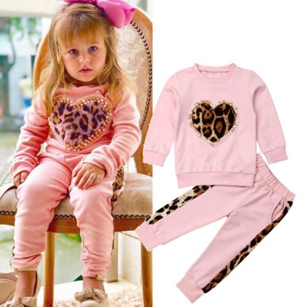

baby kids girl clthes long sleeve sets toddler kids baby girls leopard pants tracksuit outfits casual clothes 2019 newest, White