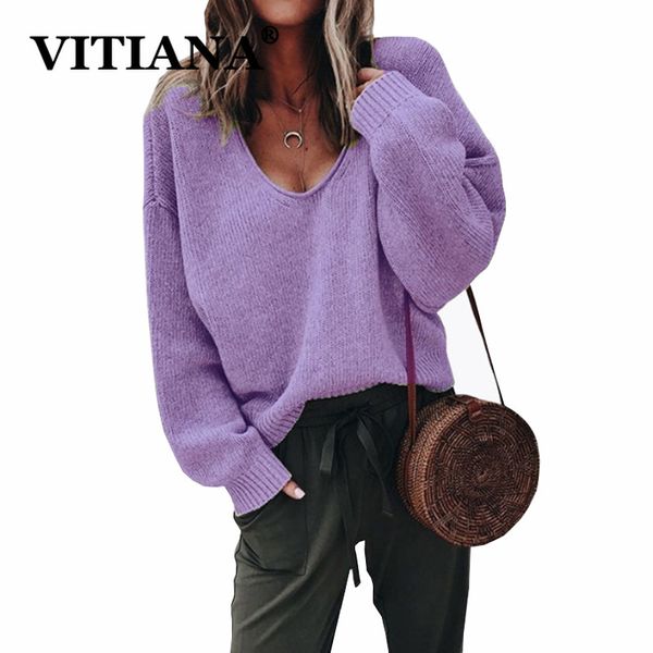 

vitiana women casual knit sweater autumn 2019 female long sleeve v-neck knitted pullover loose sweaters ladies streetwear, White;black