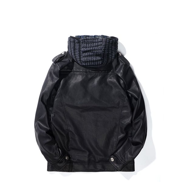 

2018 new style brushed and thick leather coat men's wear detachable hat vintage bags stand collar men jacket coat, Black
