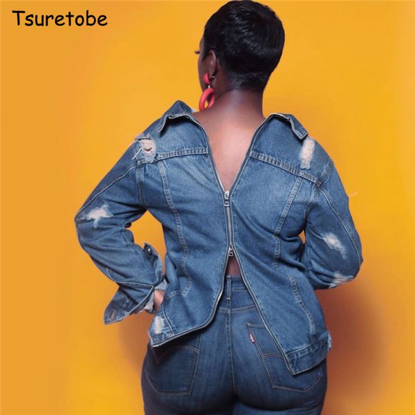 

women's jackets tsuretobe plus size ripped denim jacket women streetwear back zipper jean long sleeve coat turn-down collar outwear fem, Black;brown