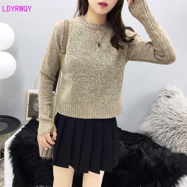 

2019 autumn and winter new women's korean fashion gas round neck long-sleeved back tie was thin pullover sweater solid, White;black