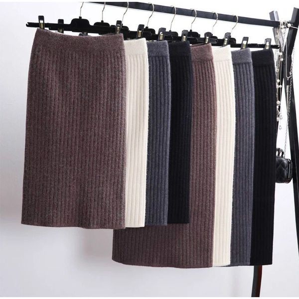 

elegant party knitted skirt women's bodycon split knitted skirt high waist pencil midi skirts women knitting bottoms, Black