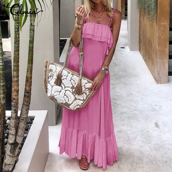 

celmia bohemian dress women straps sleeveless maxi long vestidos 2020 summer ruffles casual solid party robe beach dresses, Black;gray