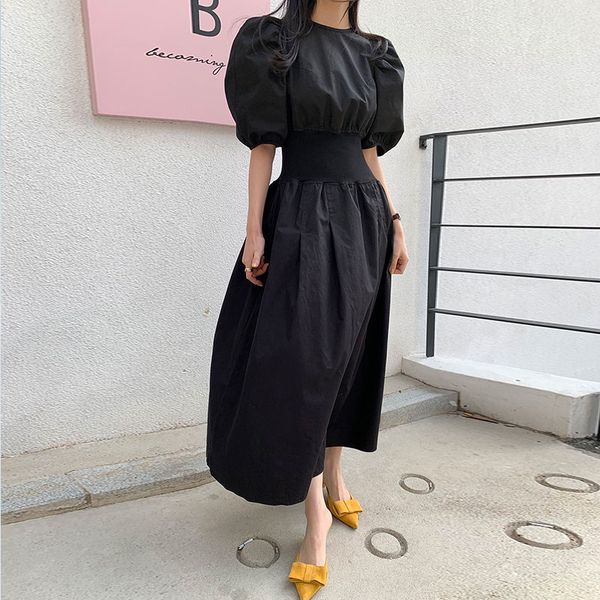 

korean chic elegant o-neck dress loose draped high waist big swing half puff sleeve bohemian lady slim maxi dresses 2020 bw205, White;black