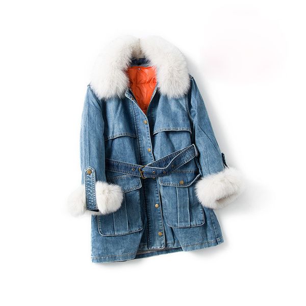 

real fur collar 2019 winter jacket women long denim coat 90% white duck down jacket thick warm long down parka outerwear, Black