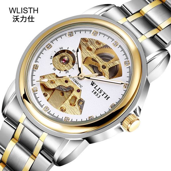 

2019 automatic mechanical watch double-sided hollow men's watch waterproof luminous leather belt business trainspotter, Slivery;brown