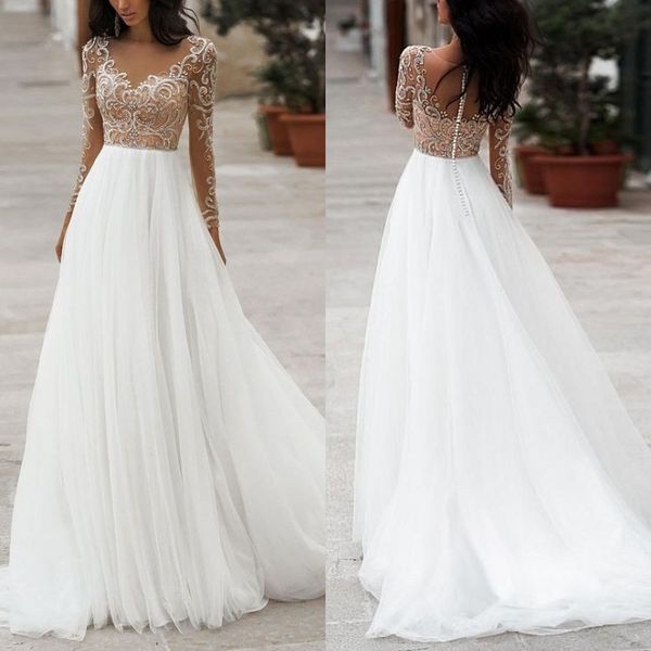 

classy illusion a line lace beaded wedding dresses bridal gowns covered button tulle long sleeve vestido de novia, White