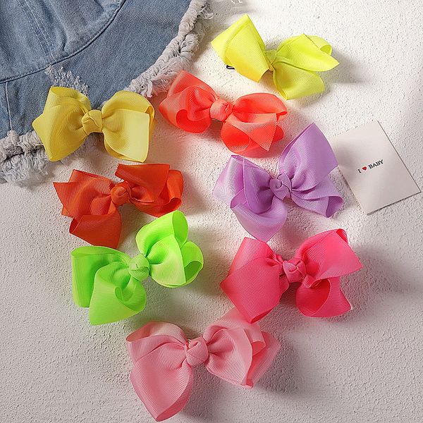 

korea style child hair pins spring summer travel fluorescent rib bow hair clips for girl fashion accessories, Slivery;white