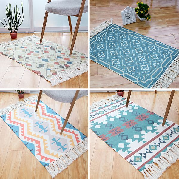 

cotton handmade woven area rugs plaid check striped tassels rug durable machine washable carpet for living room/bedroom