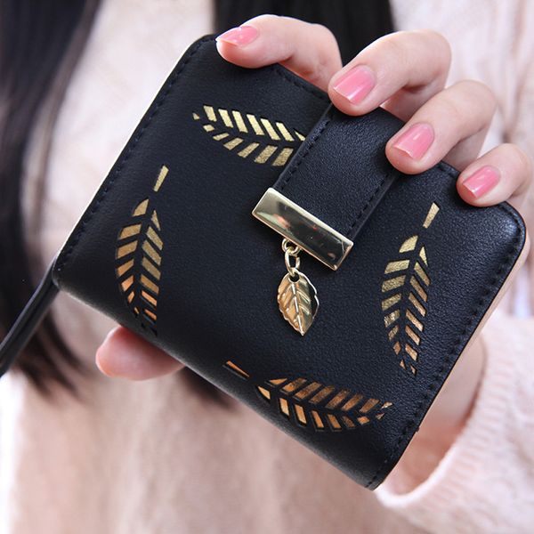 

2019 new trend women's leaves double fold wallet leather clutch bag card bag wallet handbag easy to carry female
