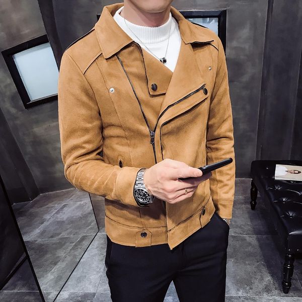 

new arrival thick diagonal lapel mens jackets suede trend youth casual jacket autumn solid color long sleeve slim fit jacket men, Black;brown