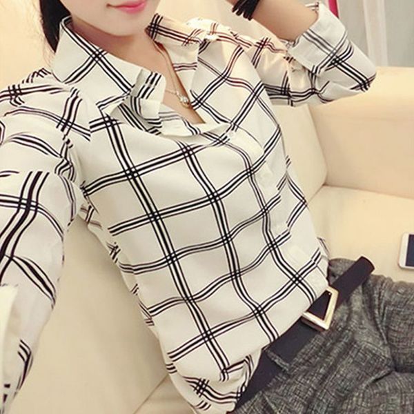 

summer new turn down callar shirts women casual womens long sleeve plaid blouse clothing vadim*, White