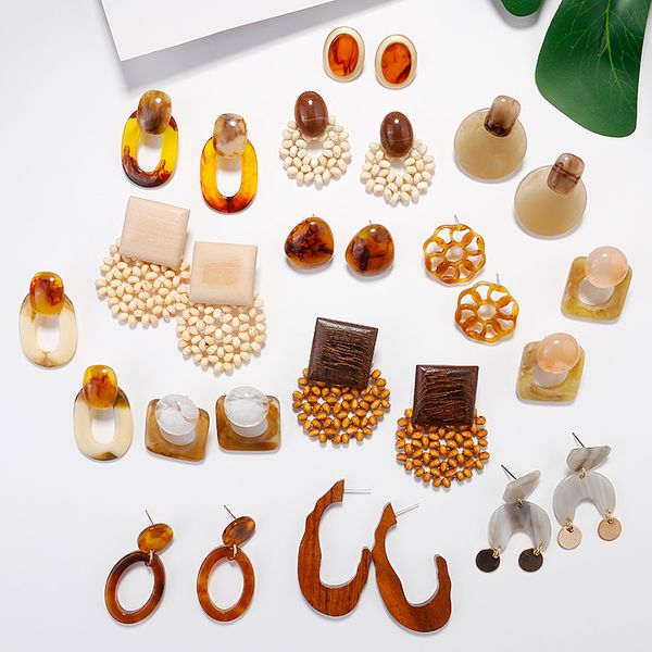 

aensoa ethnic wood geometric round oval square drop earrings vintage brown acrylic resin statement earrings fashion jewelry 2019, Silver