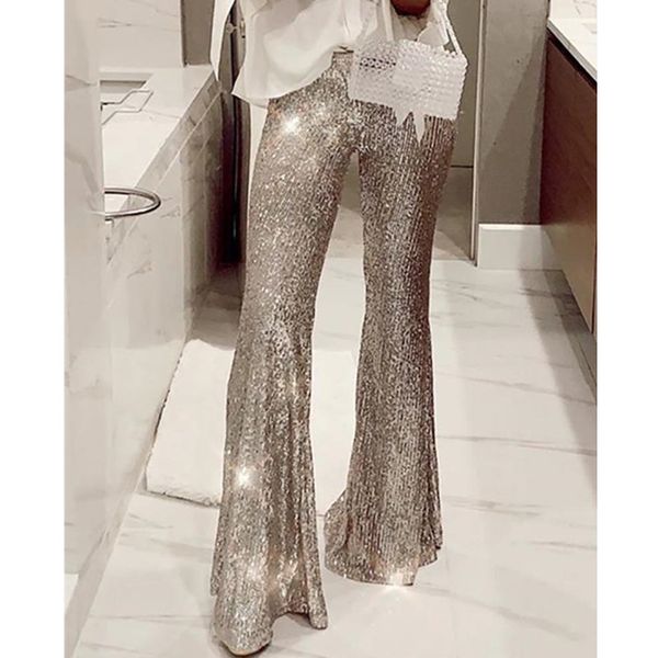 

deat 2020 summer women sexy bodycon slim shining pants длинные брюки с высокой талией расклешенные серебряные блестки flare pants mi935, Black;white