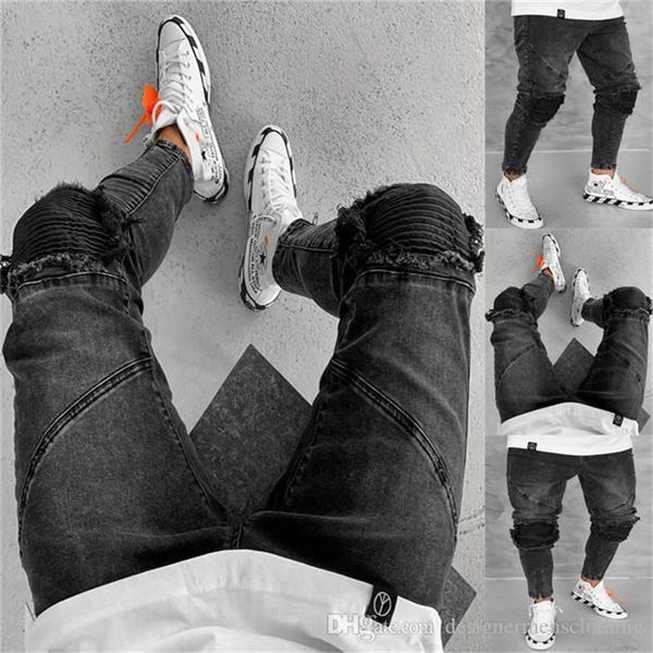 

mens popular vintage zipper hole burrs pencil pants fashion black summer casual mid waist mens jeans, Blue