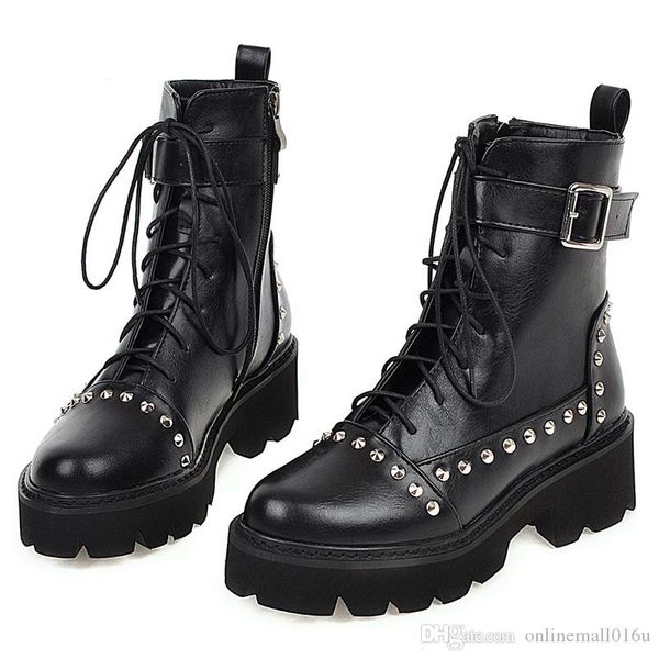 

rivet military boots women lace up black leather ankle boots mid heel goth style short boots for autumn