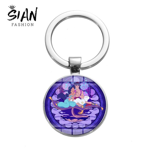 

sian fashion cartoon aladdin princess jasmine keychain glass dome time gem pendant key chain ring holder women girl gift jewelry, Slivery;golden