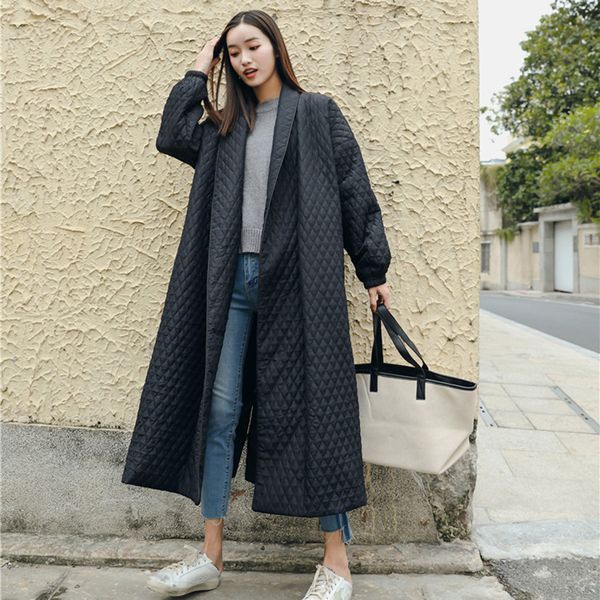 

lanmrem new fashion black oversize lapel back vent button winter jacket 2018 female's long cotton coat jaqueta feminina wth1201 y190926, Black;white