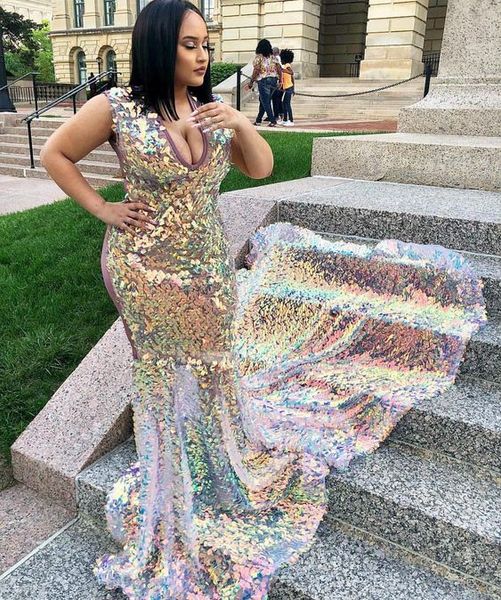 

African Sexy Mermaid Prom Dresses Black Girls Sequined Evening Dress Sweep Train Party Gowns Sparkling Shining robes de soirée A61