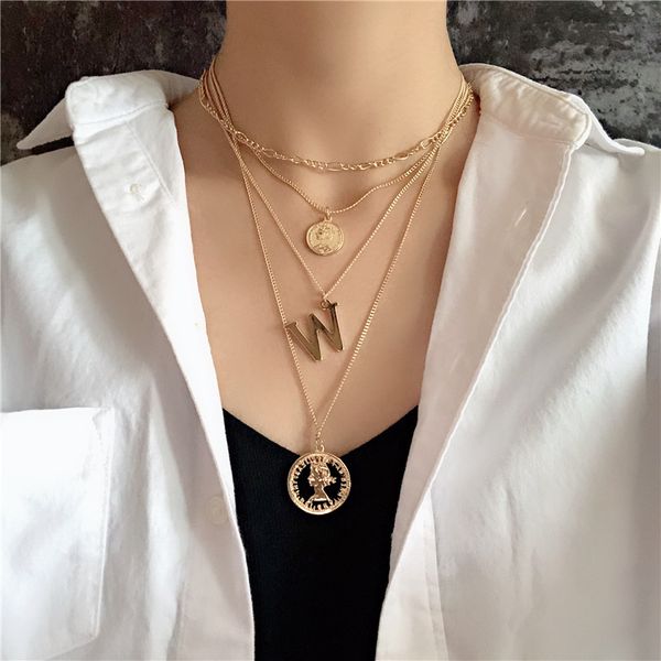 

gereit 2019 multilayered women jewelry gold silver color long chains big w cameo coin pendant necklace for girls statement jewel
