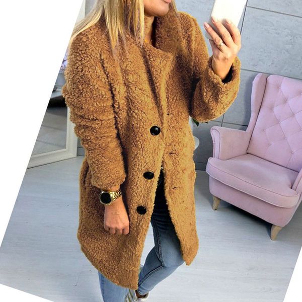 

new style women trench fashion solid women's fleece fur outerwear winter warm button fluffy coat trench, Tan;black