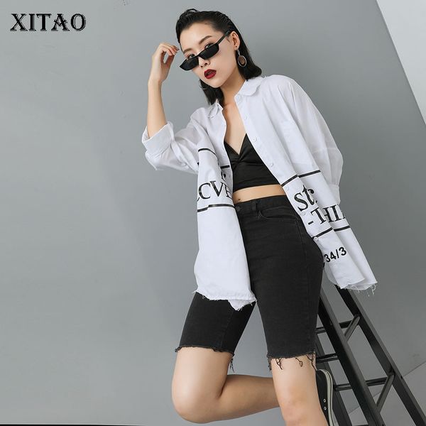 

xitao] women 2019 summer fashion turn-down collar three quarter sleeve loose shirt female letter print pocket blouse zq1572, White
