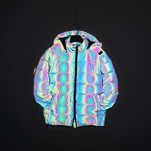 

new 2021 holographic reflection rainbow winter jackets men parkas colorful reflective jacket hooded streetwear fashion casual warm239k, Black