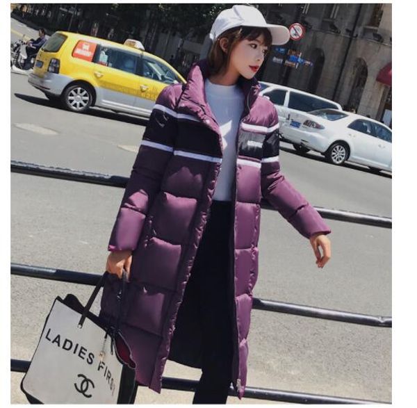 

2018 fashion long ladies down jacket collar long sleeve contrast color down coat black red striped zipper loose pocket warm