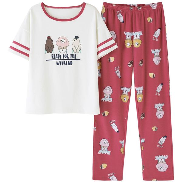 

2019 summer cotton pajamas set teenage girl sweet cartoon animation t-shirt+pants two-piece fashion color matching home clothing, Blue;gray