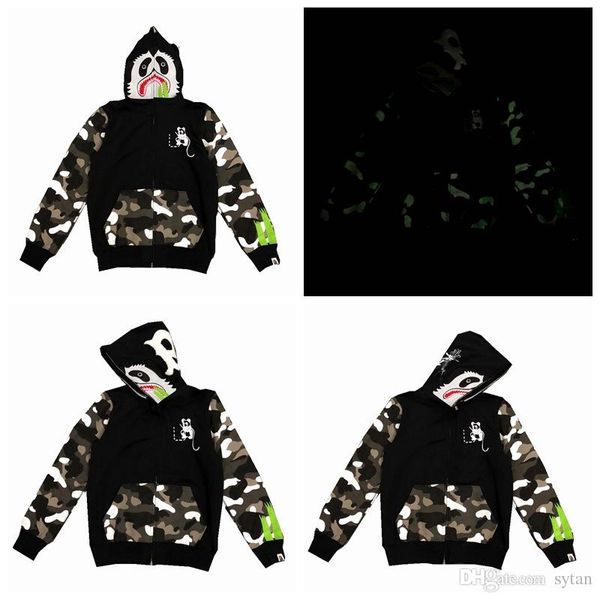 

2019 new street brand lover luminous camo plus velvet sweater men's casual loose hooded sweater jacket, Black