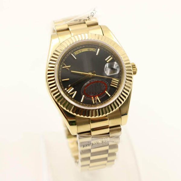 

2019 18 ct yellow gold daydate 40 elf winding mechanical movement black dial fluted bezel concealed folding crown cla p men