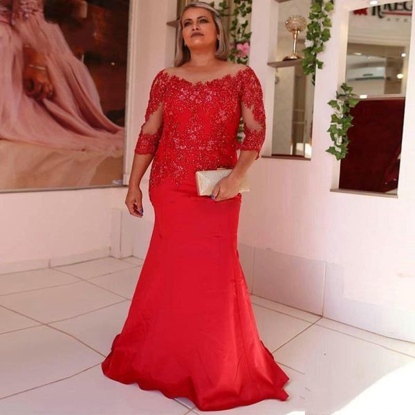 

red mermaid mother of the bride dresses sheer neck 3/4 long sleeve sweep train applique beads mother wedding guest gowns, Black;red