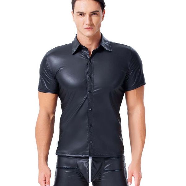 

gothic men's sheer faux leather short sleeve shirt mens funny shirt s exotic fitness undershirt plus size s-xxxl, White;black