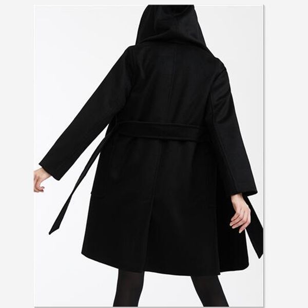 

autumnand winter new ladies coat europe and the united states handsome hooded lace cashmere coat simple large pocket slim jacket, Black