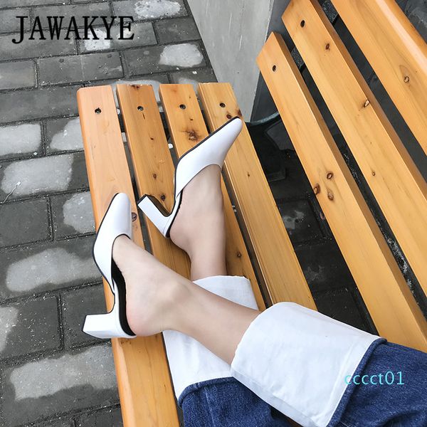 

2019 new arrival white genuine leather square high heel slippers women pointed toe ladies mules outdoor slip on shoes woman ct01, Black