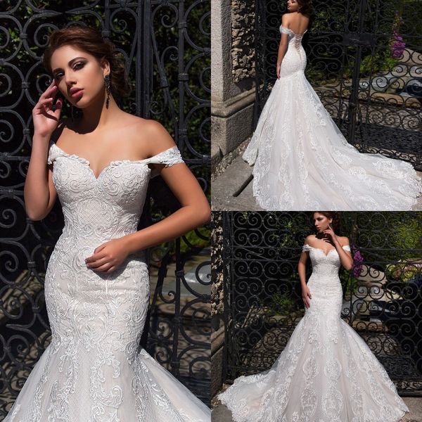 

lussano bridal 2019 mermaid wedding dresses off shoulder lace appliques bridal gowns sweep train boho plus size wedding dress robe de mariÃ©e, White