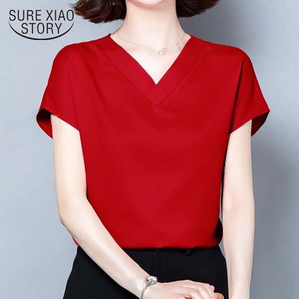 

2020 summer plus size blouses shirts casual women solid temperament short sleeve v-neck soft silk satin blouse blusas 9853, White