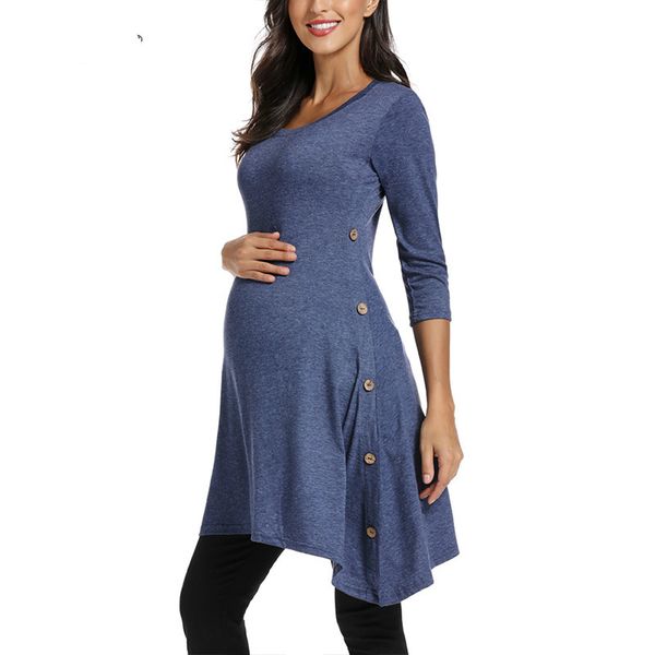

women's casual 3/4 sleeve o neck maternity dress button side tunic irregular hem pregnancy dress for baby shower daily wearing, White