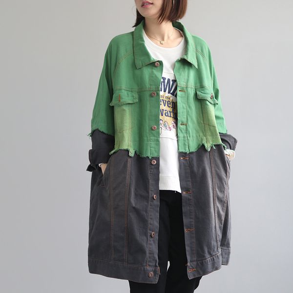 

2019 female new autumn plus size literary retro outerwear casual -long paragraph washed old color all- match loose denim trench, Tan;black