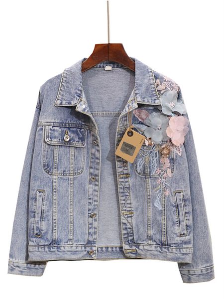 

new autumn women frayed denim jacket loose all-match jeans sequin 3d flower embroidery jackets street wear vintage coat clothes, Black;brown