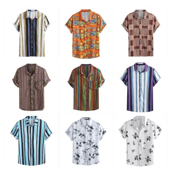

men's casual shirts men linen short sleeve shirt summer striped flowers printed for vintage lapel baggy drop ma6, White;black